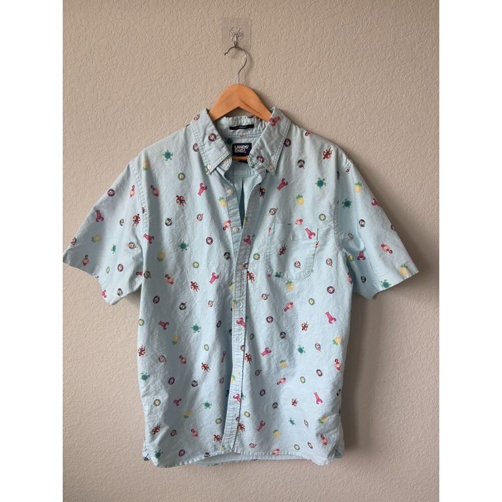 Lands’ End Oxford Poolside Novelty Print Button Down Shirt, L Tall